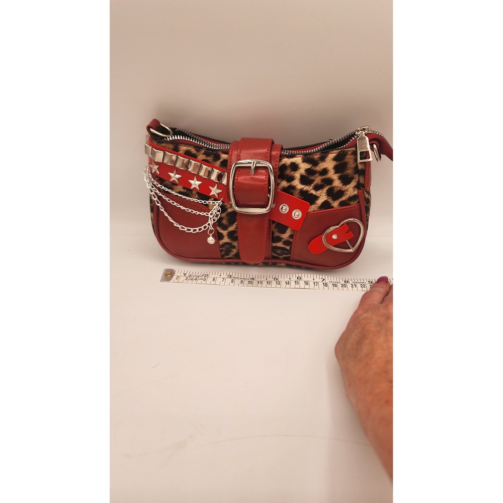 Leopard Print Red Baguette Shoulder Bag Studded Star Heart Punk Y2K Handbag - Picture 4 of 6
